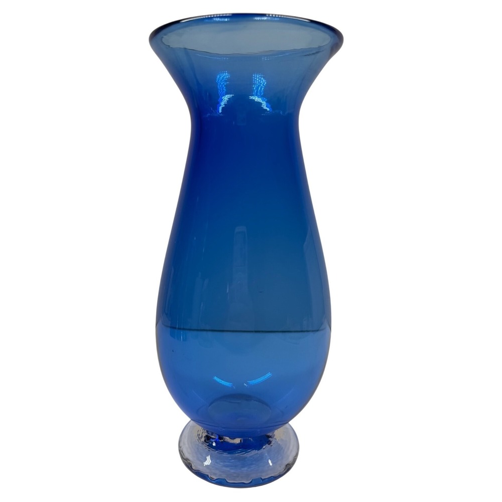 Signed Cobalt Blue Hand Blown Glass Vase Flared Rim Weighted Clear Base 10 inch